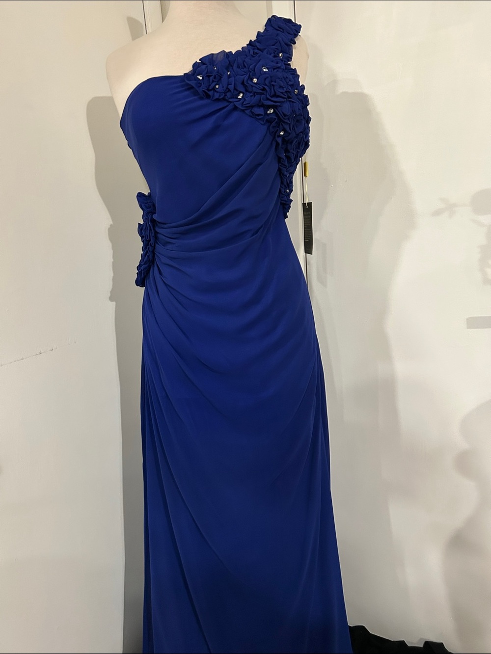 One-Shoulder Royal Blue Evening Gown with Floral Embellishment
